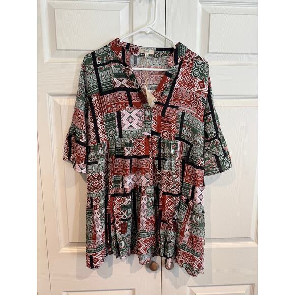 New Easel Boho Indie Peasant Cottagecore Printed Babydoll Top Blouse - Picture 3 of 5